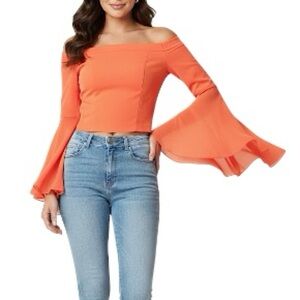 Y2K Bebe Orange Off the Shoulder Sheer Ruffle Drape Sleeve Crop Top XS Party